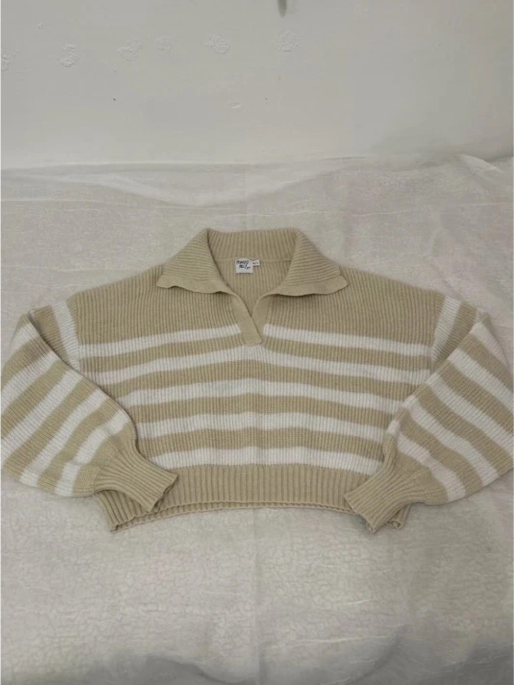 Princess Polly Beige and White Striped V‑Neck Collared Sweater